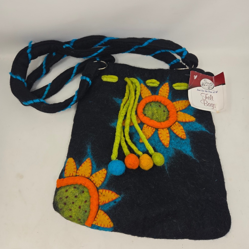 All Jazzed Up Felt Sunflower Crossbody Bag Handmade Nepal Boho Floral Black Wool